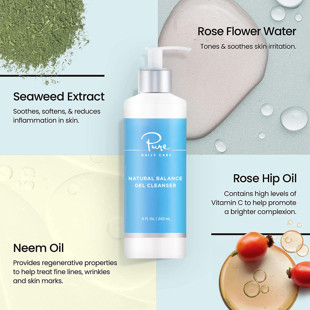 Close-up of Pure Daily Care cleanser pump releasing foamy lather for makeup removal.