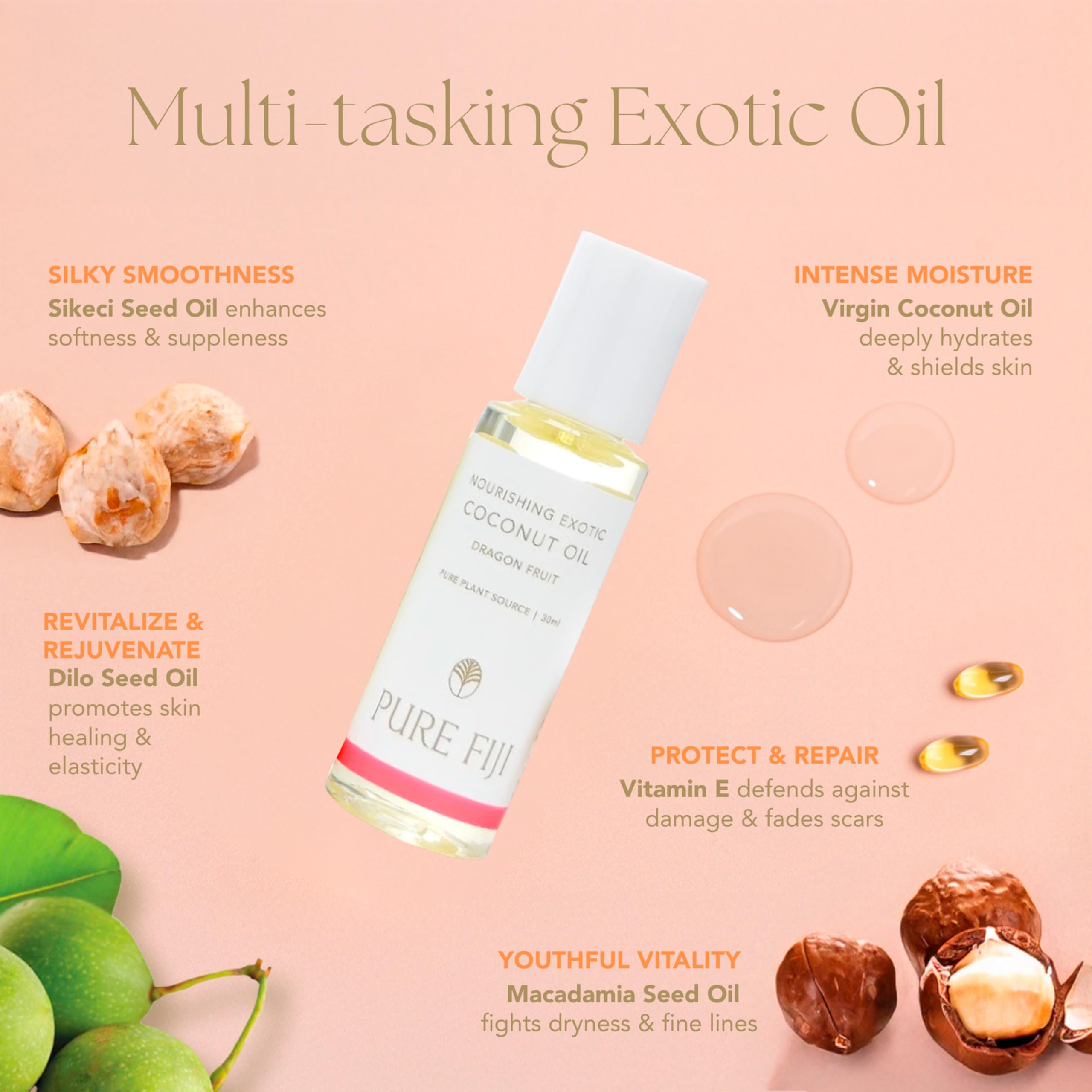Pure Fiji Nourishing Exotic Coconut Oil bottle for rich moisture and elasticity.