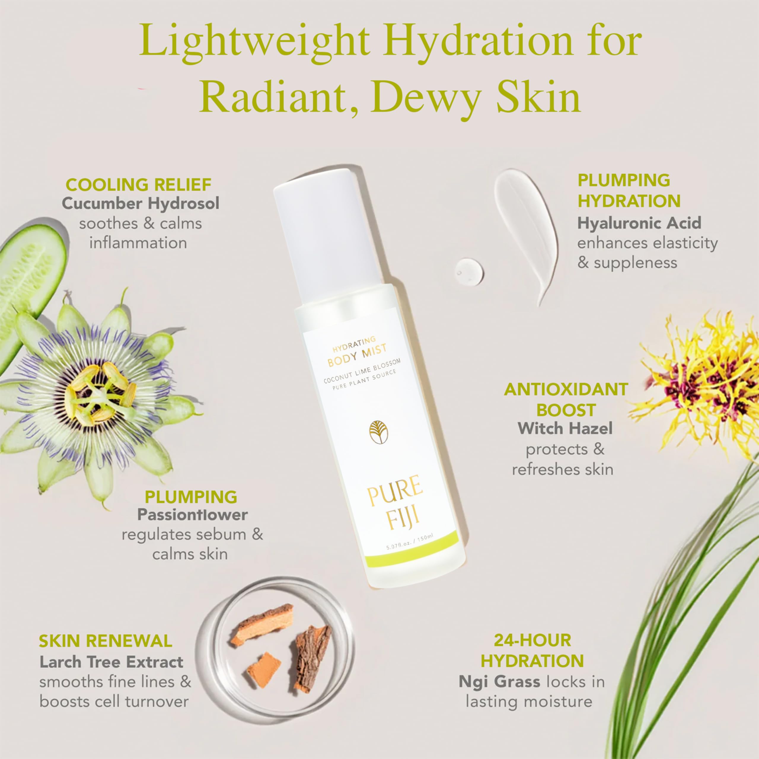 Pure Fiji Hydrating Body Mist cucumber-hydrosol cooling helps soothe skin.