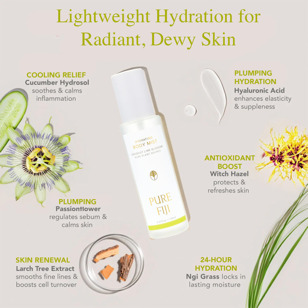 Pure Fiji Hydrating Body Mist cucumber-hydrosol cooling helps soothe skin.