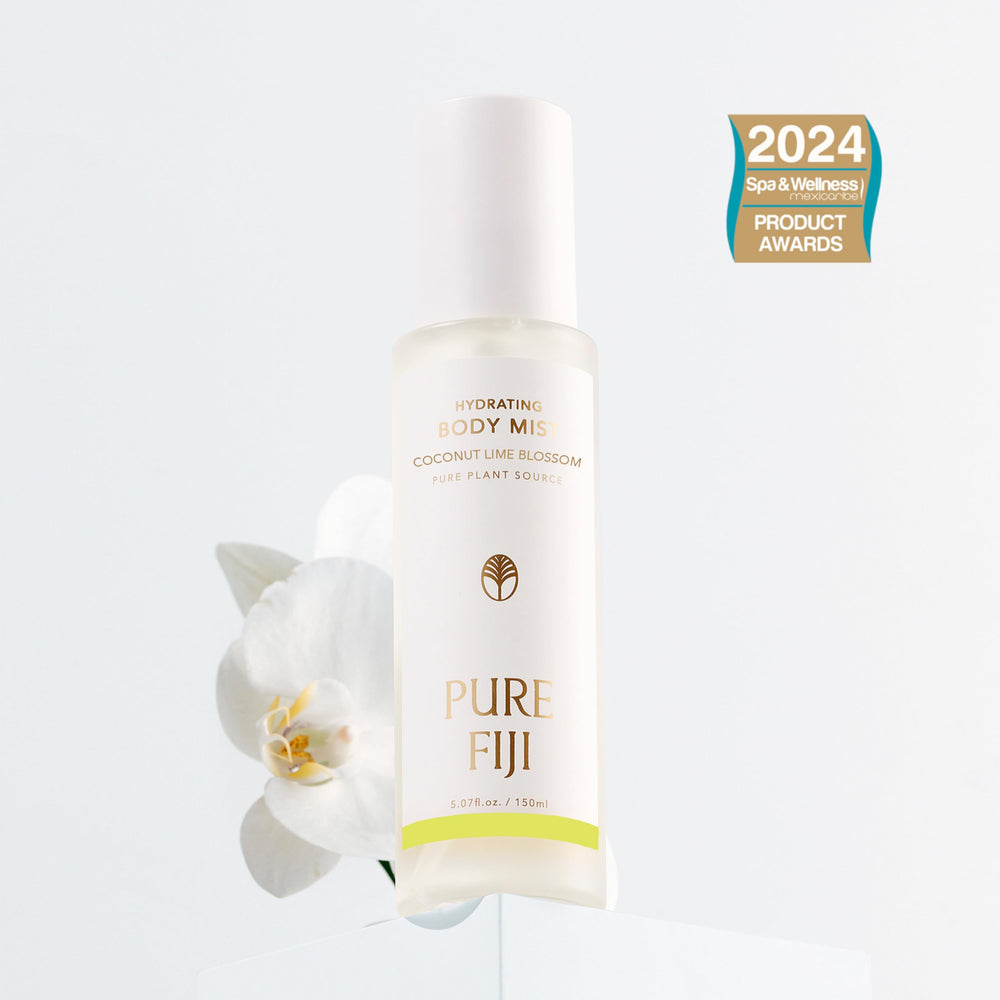 Pure Fiji Hydrating Body Mist face mist application for dewy, plump skin.