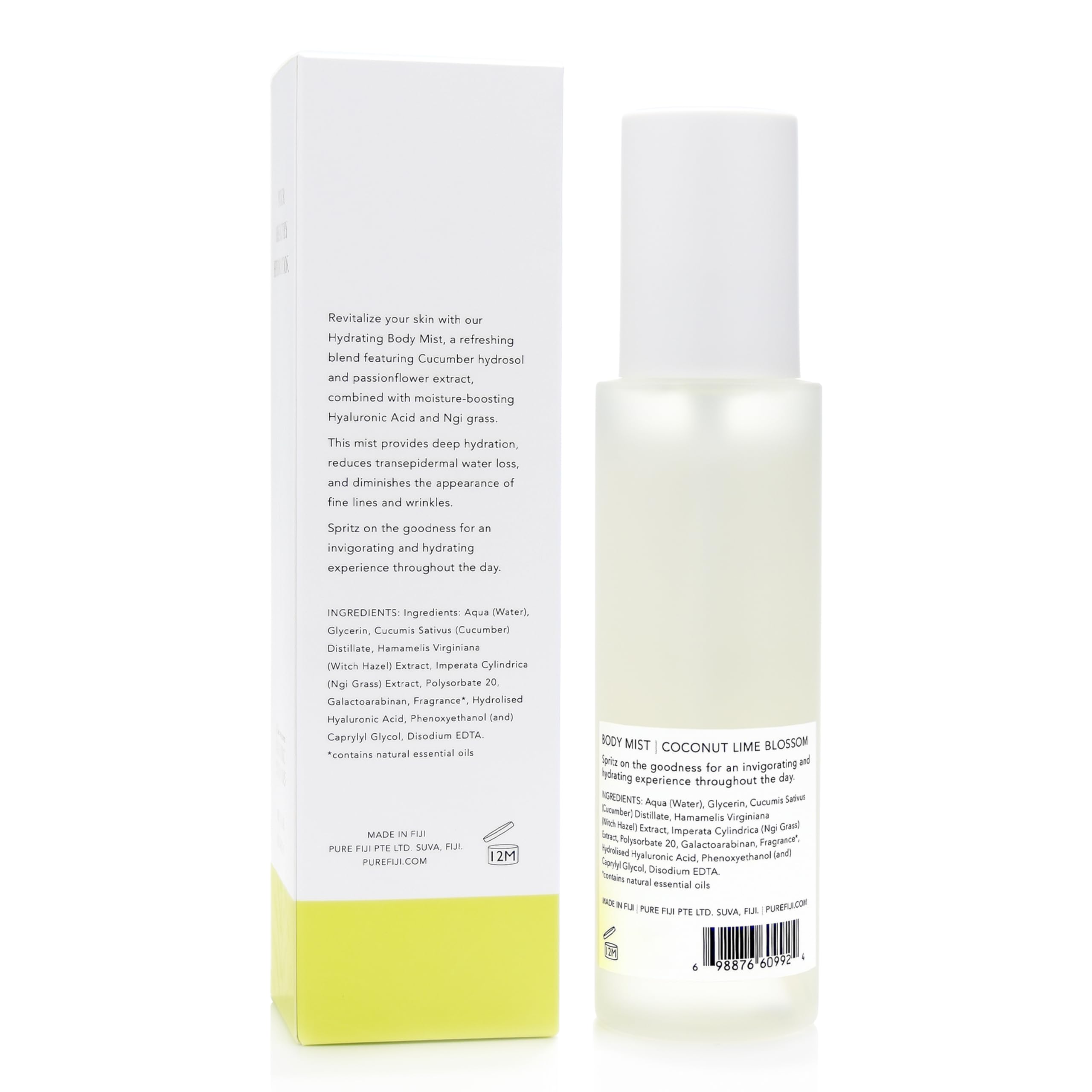Pure Fiji Hydrating Body Mist spray-dispense delivers refreshing cooling for face and body.