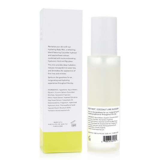 Pure Fiji Hydrating Body Mist spray-dispense delivers refreshing cooling for face and body.
