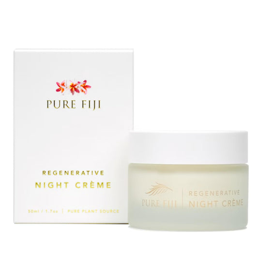 PURE FIJI Regenerative Night Cream bottle pour showing rich cream for overnight hydration.