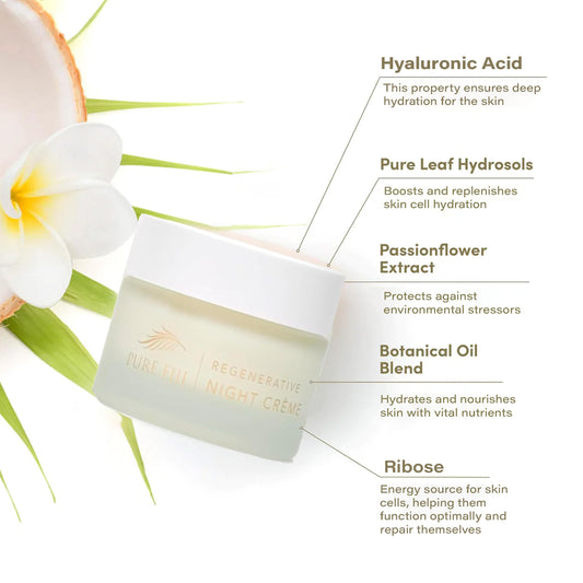 PURE FIJI Regenerative Night Cream jar closeup highlights creamy texture and premium botanicals.