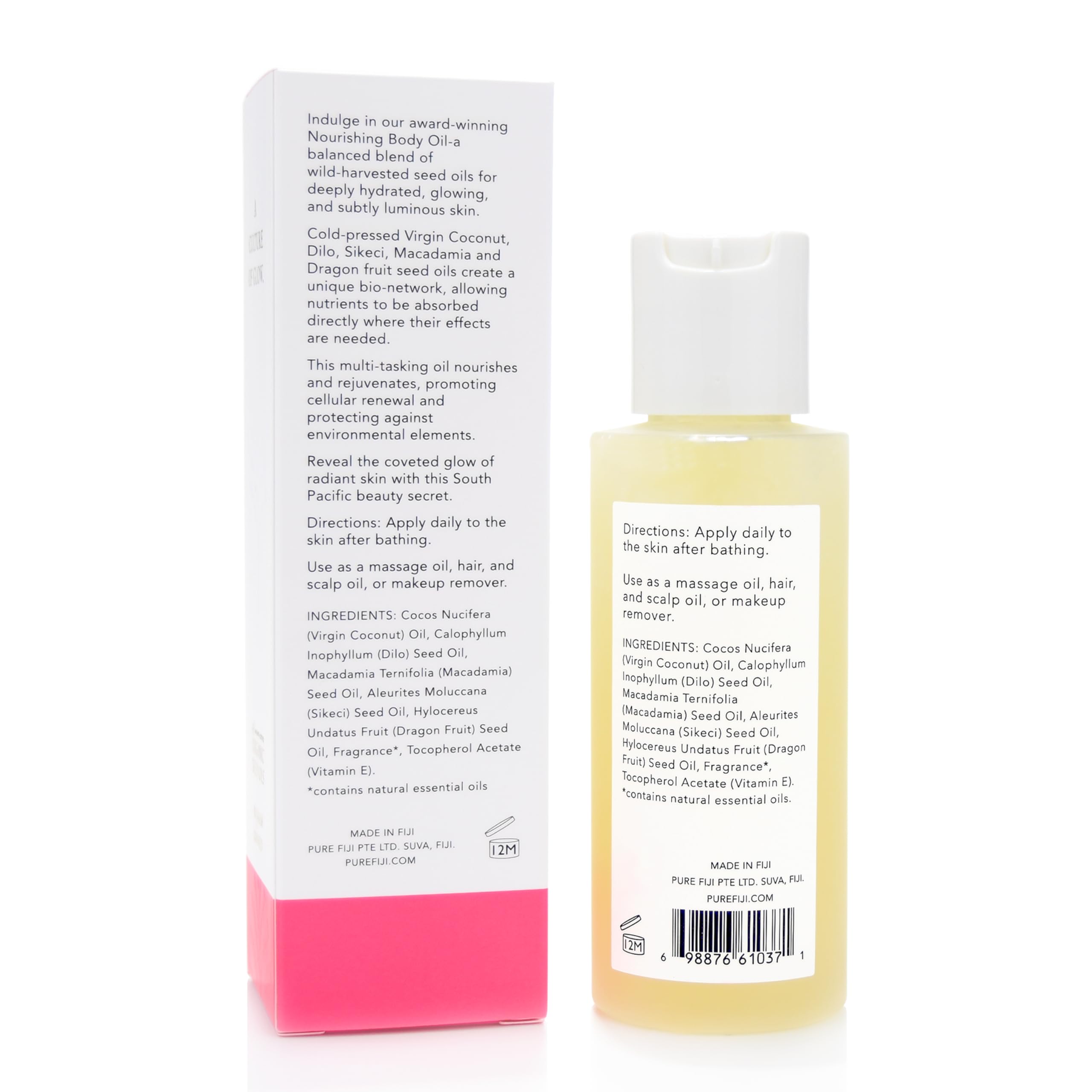 Pure Fiji Exotic Coconut Oil bottle label highlights dragon fruit formula for skin nourishment