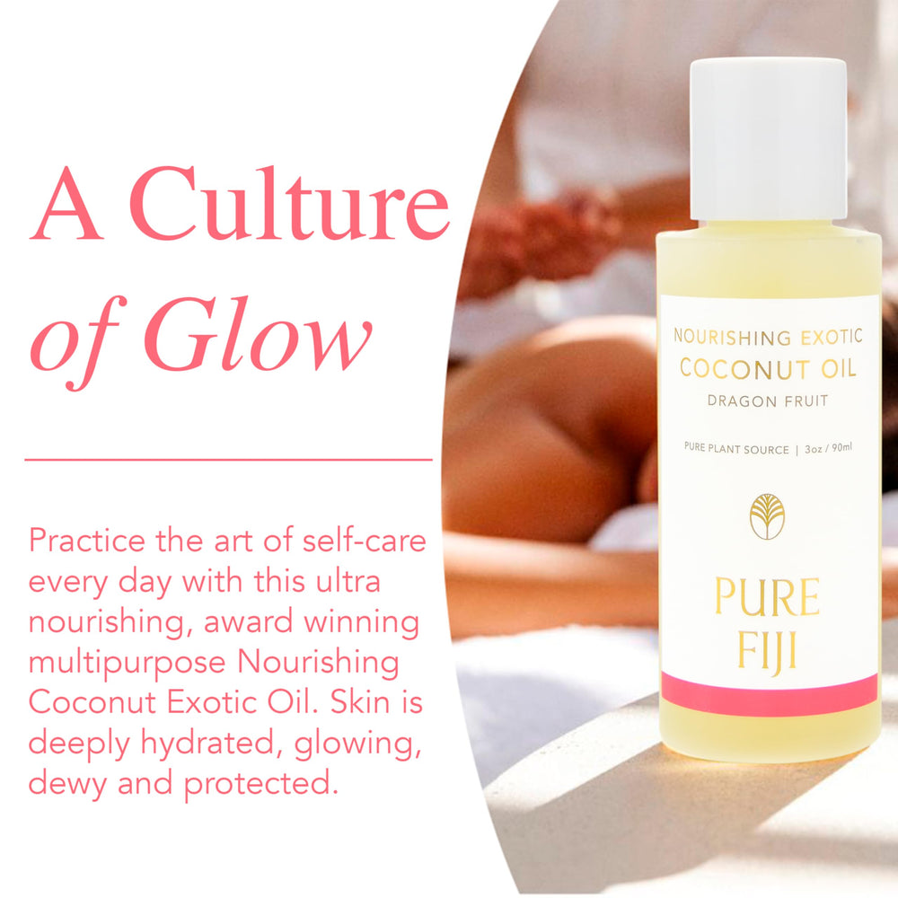 Pure Fiji Exotic Coconut Oil close-up reveals natural ingredients like coconut and Dilo for skin care