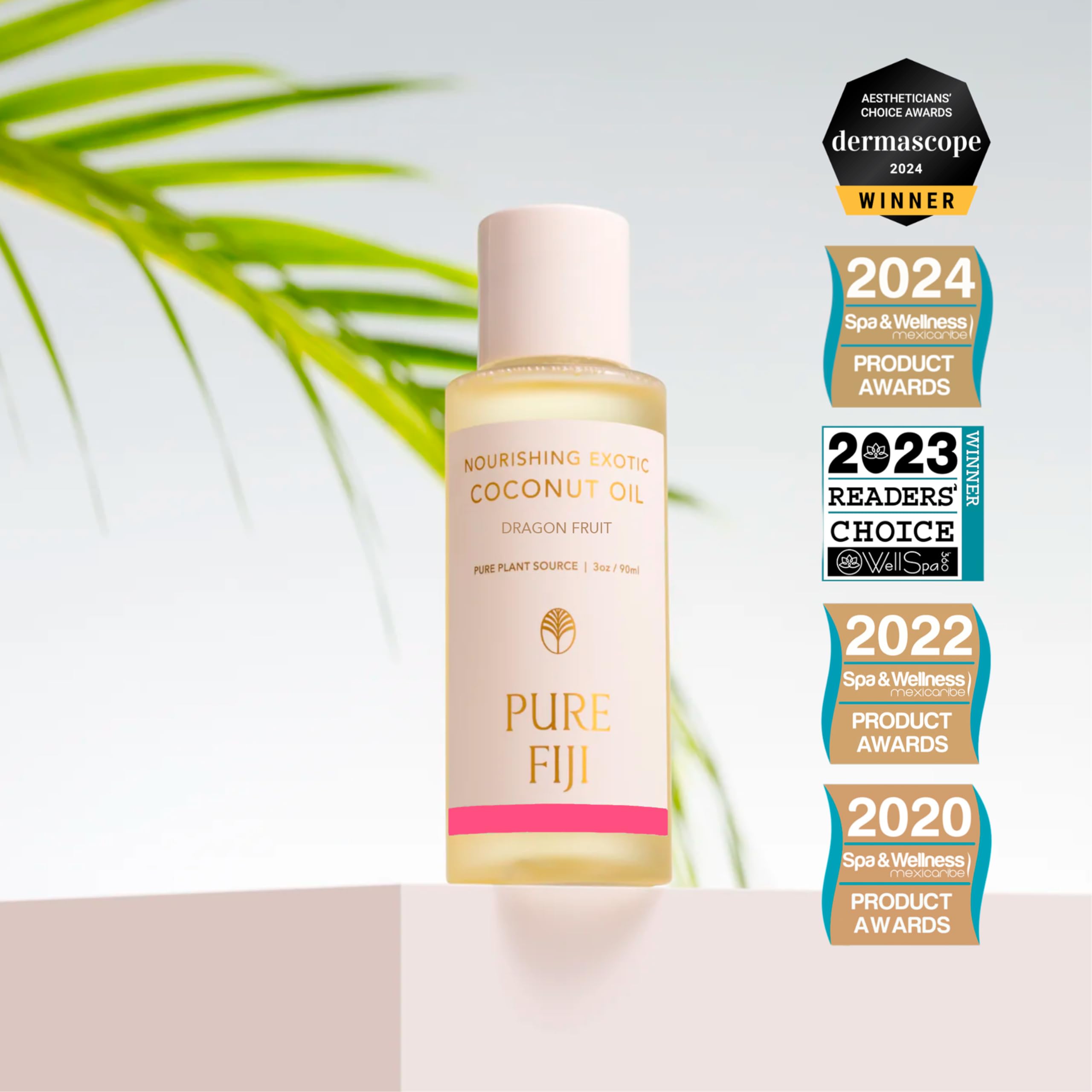 Pure Fiji Exotic Coconut Oil travel packaging emphasizes 3 oz size for on-the-go moisturization