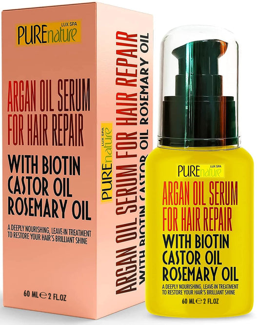 Pure Nature Lux Spa Moroccan Argan Oil Serum bottle glowing to suggest smooth hair applications
