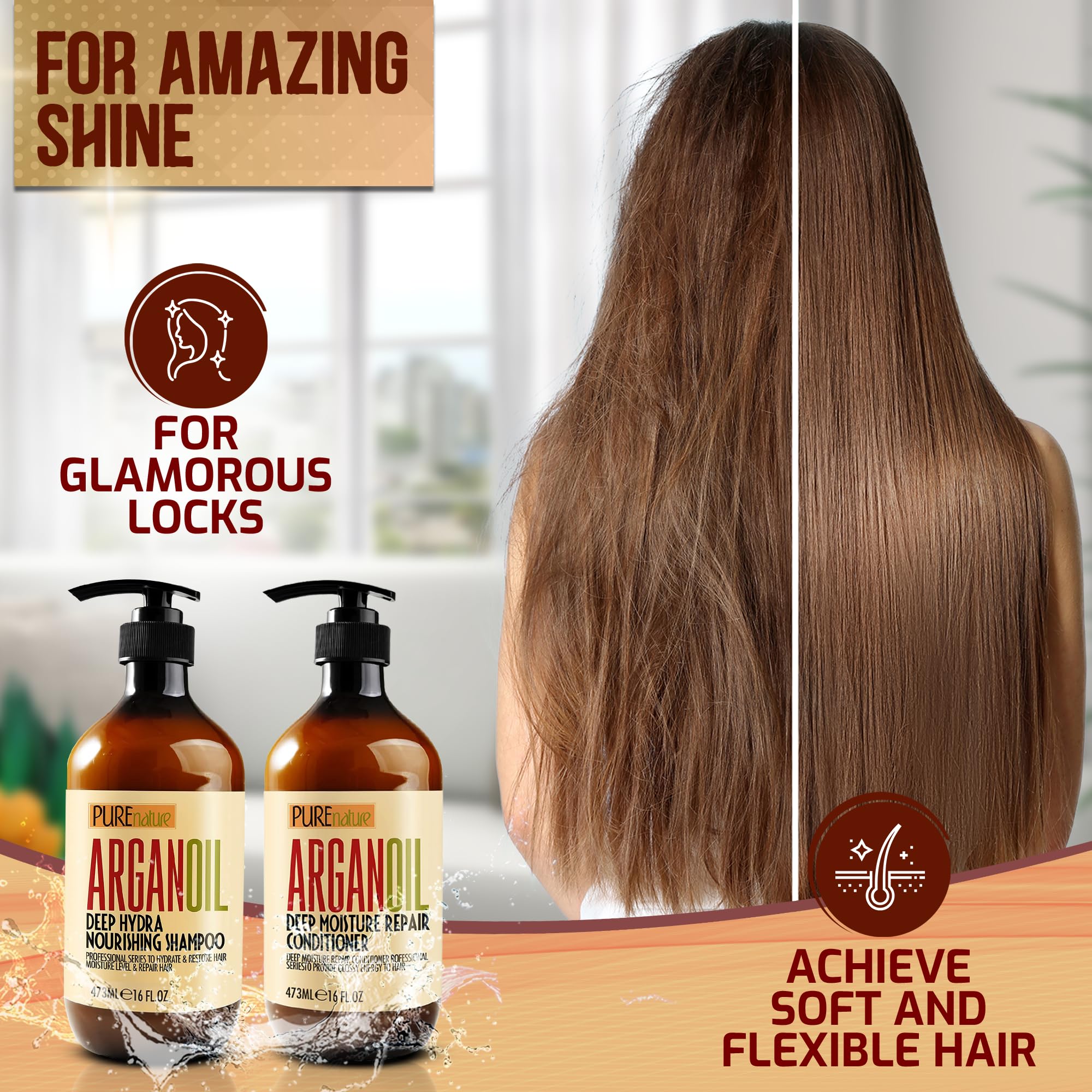 Close-up of hair looking shiny after using Pure Nature Lux Spa.