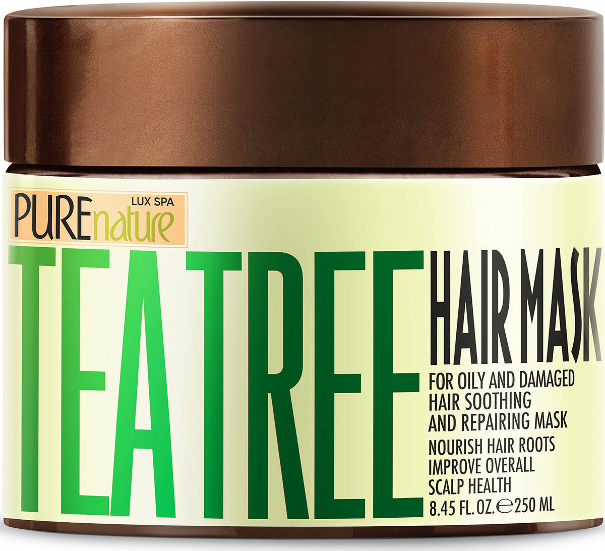 Pure Nature Lux Spa Tea Tree Hair Mask bottle shows hydrating formula for dry hair.
