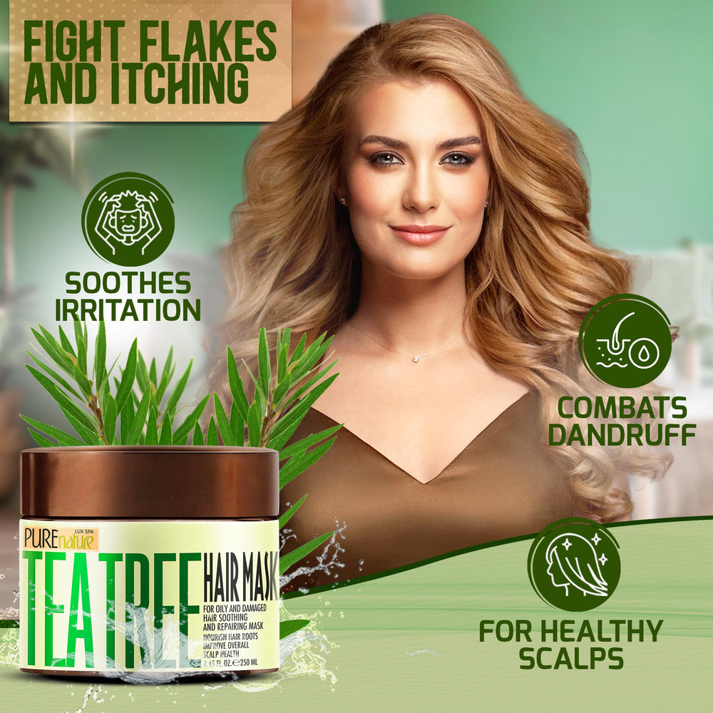 Pure Nature Lux Spa Tea Tree Hair Mask jar reveals nourishing oils for scalp comfort.