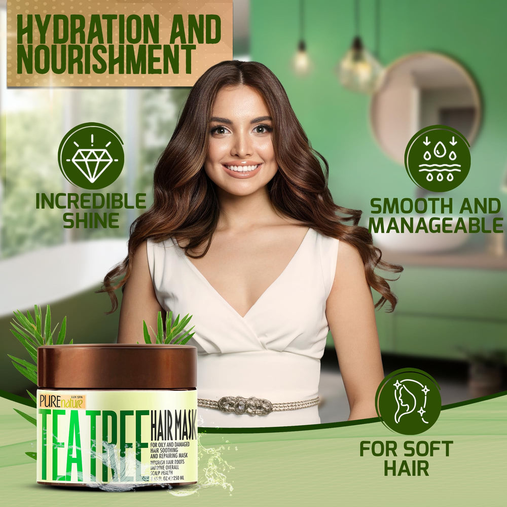Pure Nature Lux Spa Tea Tree Hair Mask packaging highlights clean ingredients and design.