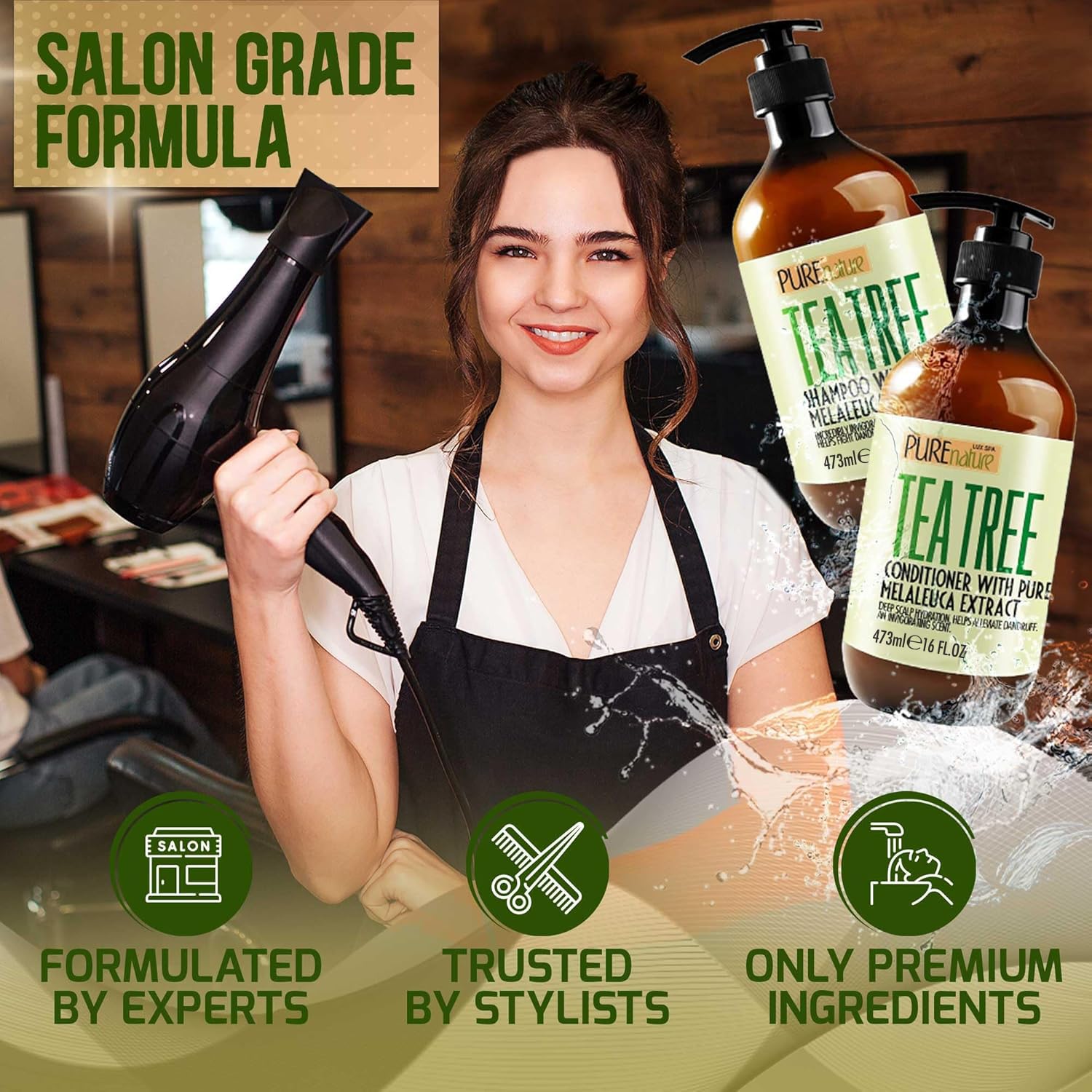 Leafy tea tree plant beside Pure Nature Lux Spa products for natural care focus.