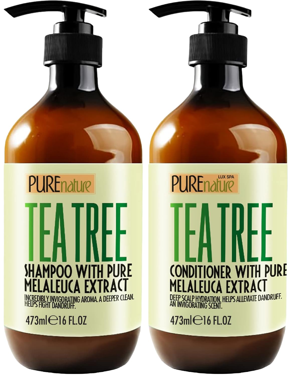Pure Nature Lux Spa tea tree shampoo bottle promoting a fresh, anti-dandruff cleanse.