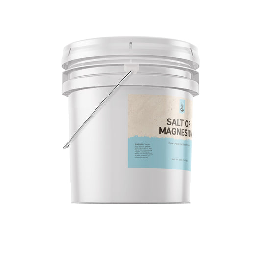 Pure Original Ingredients Salt of Magnesium closeup shows resealable bucket for easy storage.