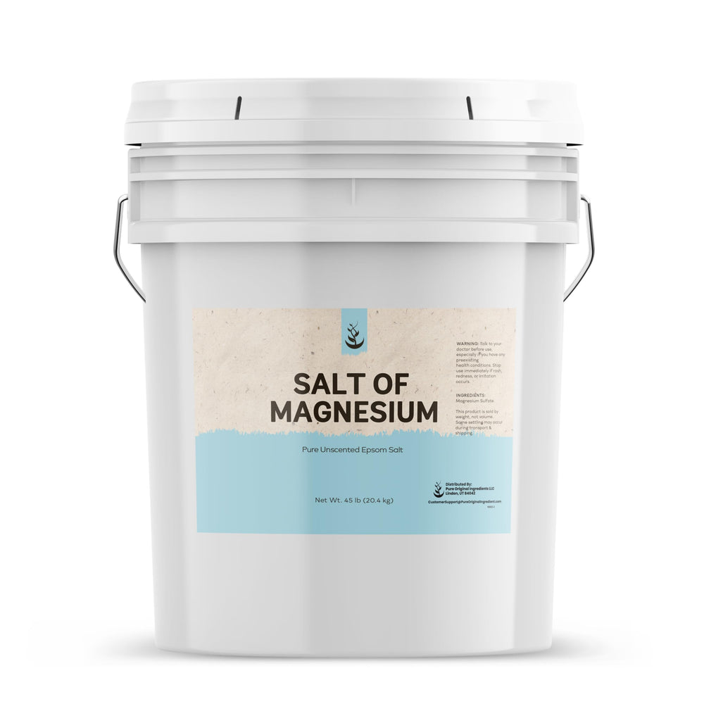Pure Original Ingredients salt of magnesium in a resealable bucket for easy storage and quick use.