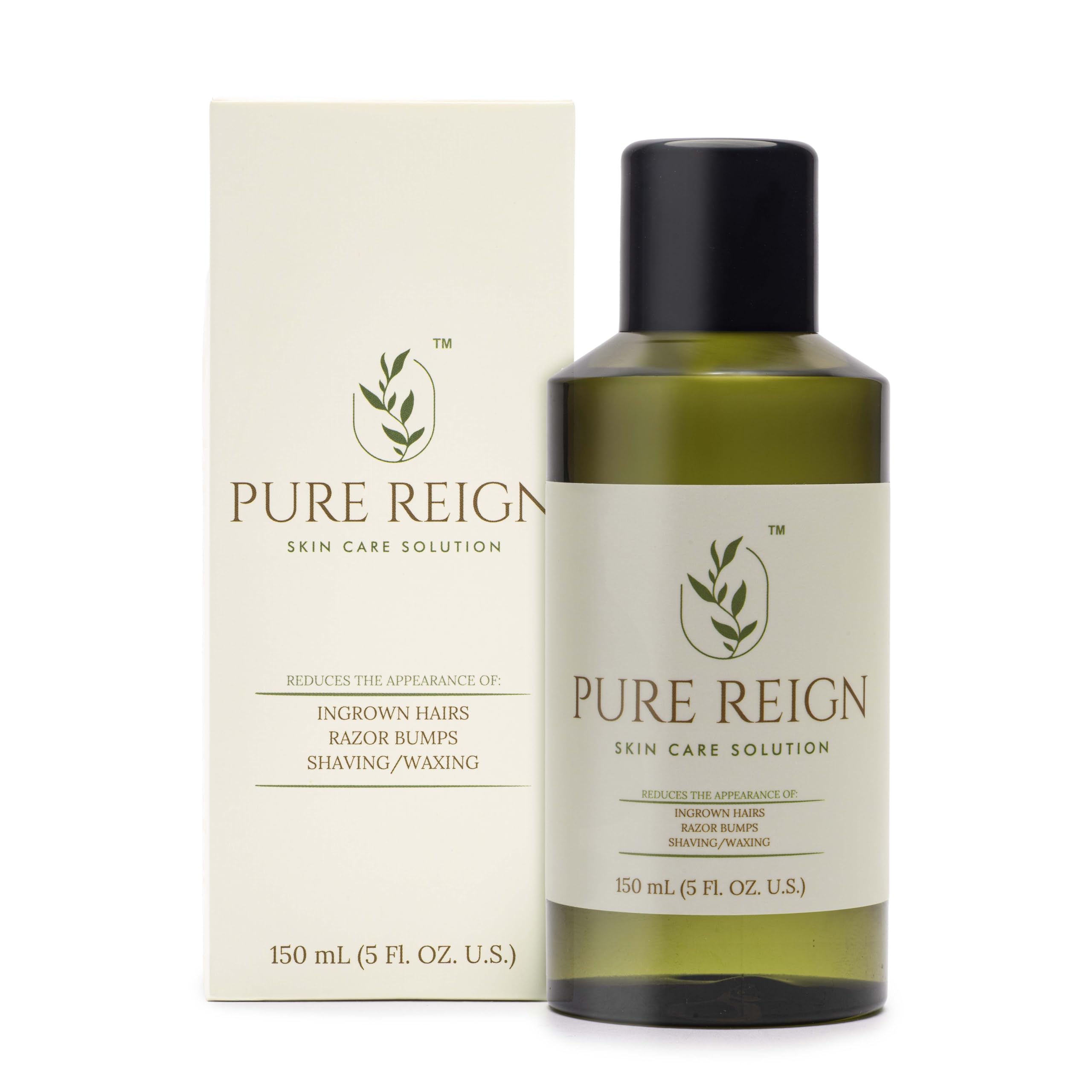 Pure Reign ingrown hair solution bottle closeup for smoother skin.