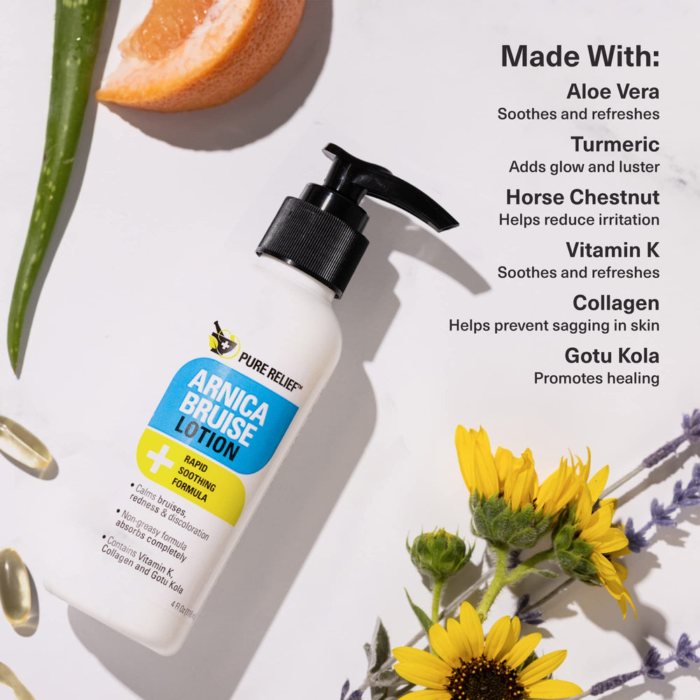 Pure Relief Arnica Cream jar shows rich moisturizing texture for skin.
