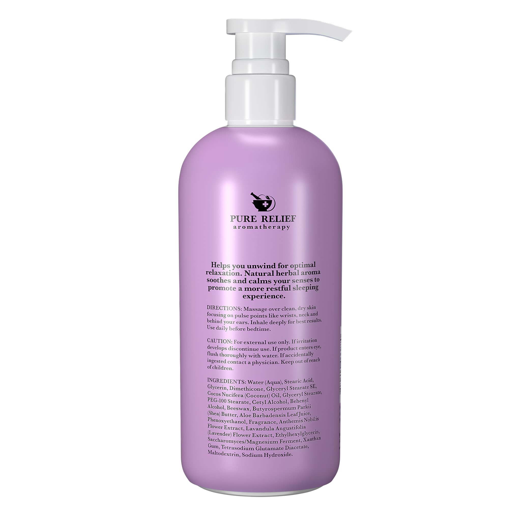 Pure Relief Lavender Sleep Lotion displayed in a cozy bedside setup for rest.
