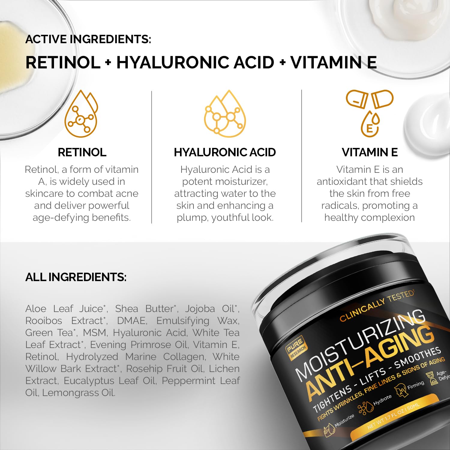 Pure Research Anti-Aging Cream close-up highlighting wrinkle-smoothing potential.