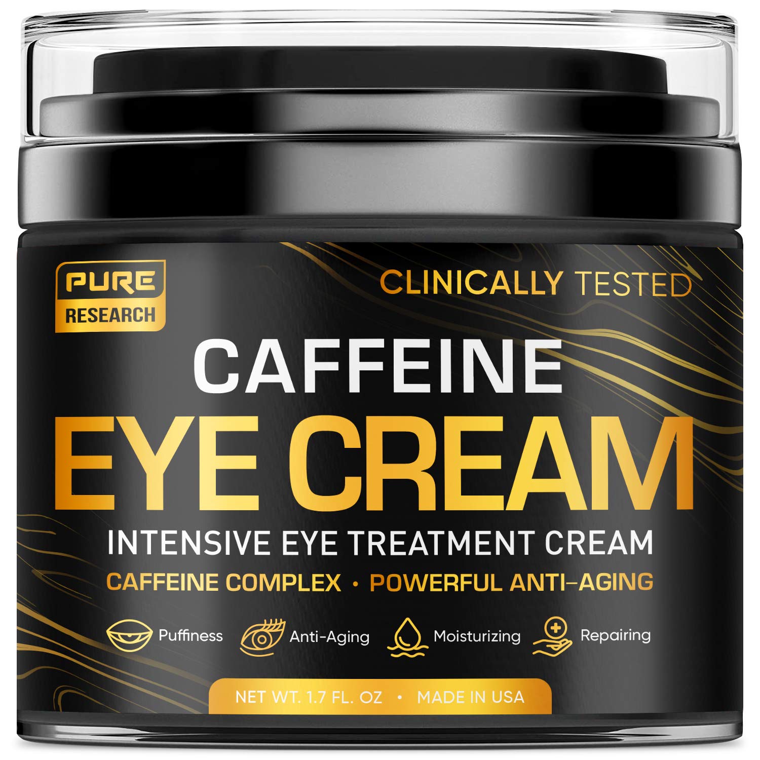PURE RESEARCH caffeine eye cream bottle closeup illustrating hydrating under-eye care