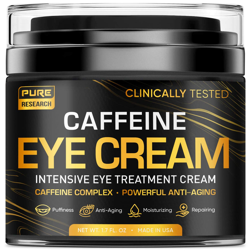 PURE RESEARCH caffeine eye cream bottle closeup illustrating hydrating under-eye care