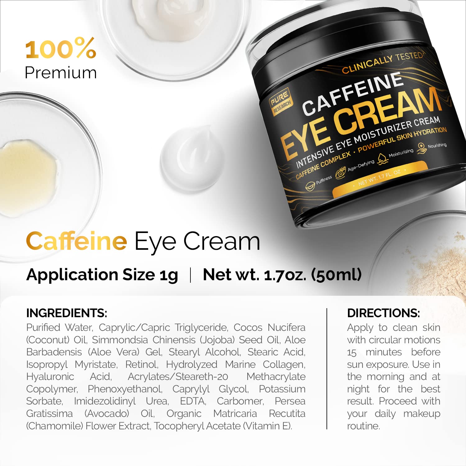PURE RESEARCH caffeine eye cream texture swatch demonstrating silky, lightweight feel