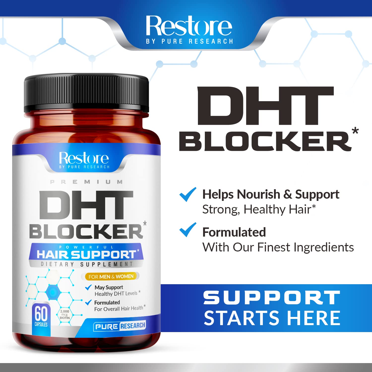 Box packaging from Pure Research DHT Blocker shows brand care and convenience.