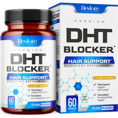 Pure Research DHT Blocker bottle demonstrates easy daily use for hair support.
