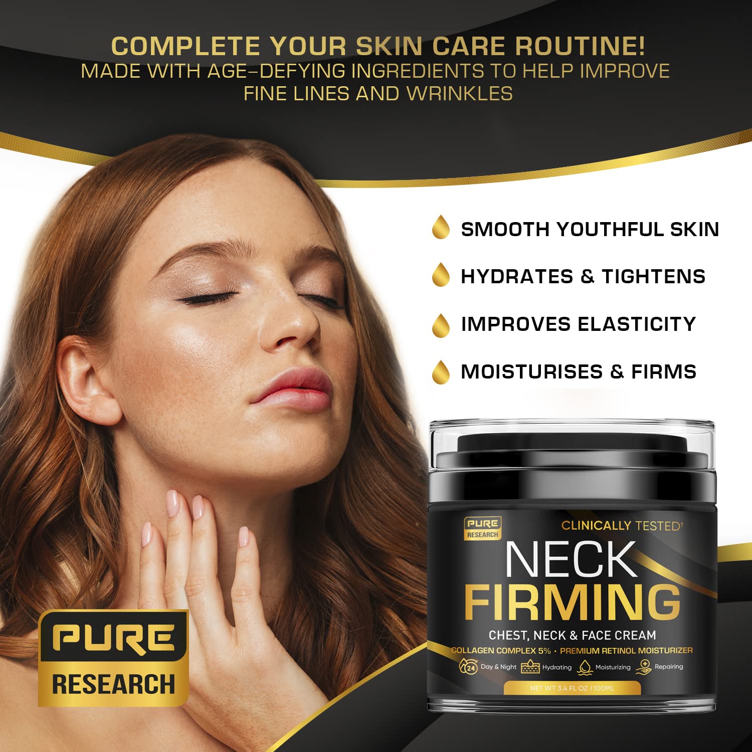 Pure Research hyaluronic acid neck cream delivers hydration and softness.