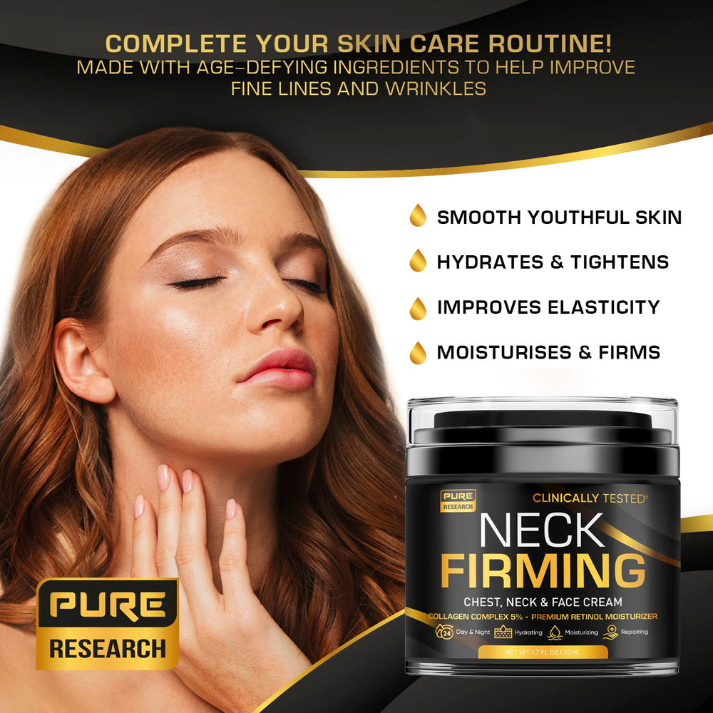 Pure Research neck firming cream being applied with a gentle massage on the neck and jawline.