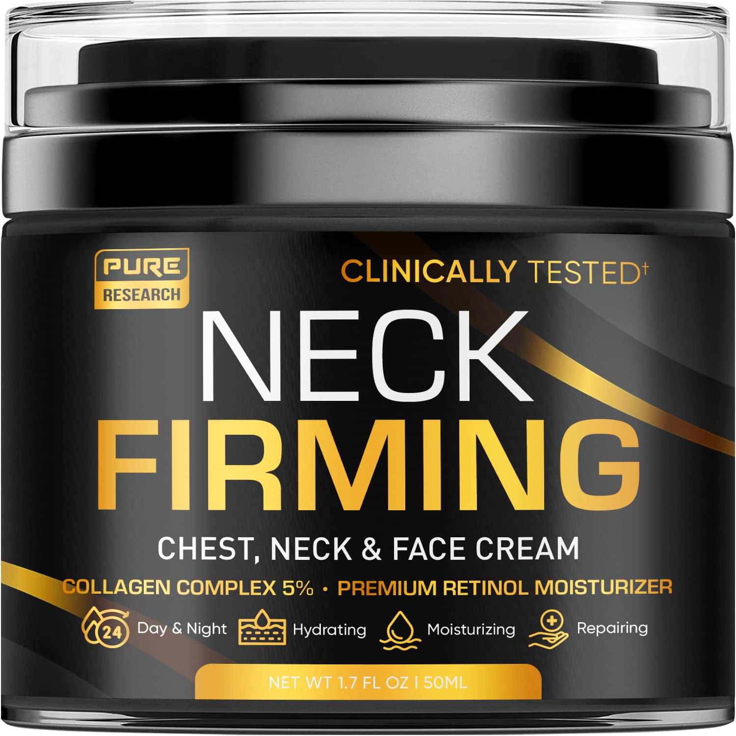 Pure Research neck firming cream bottle for hydrating neck care.