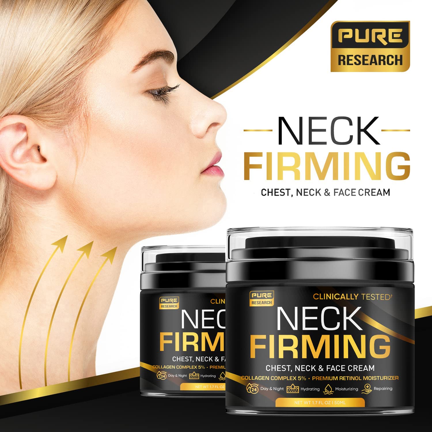 Pure Research neck firming cream texture close-up highlighting nourishing formula.