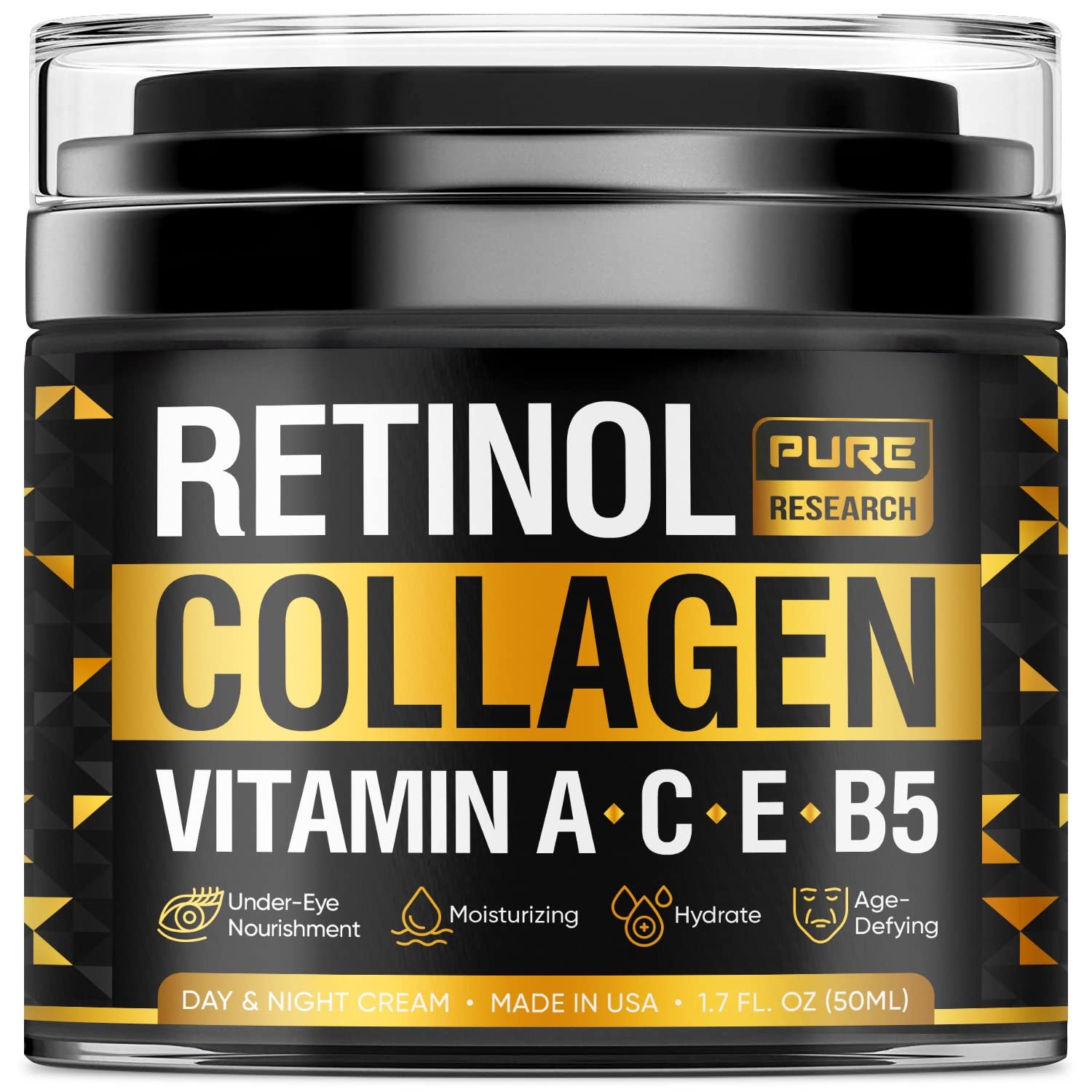 Pure Research Retinol Face Cream bottle offers nightly hydration and anti-aging support.