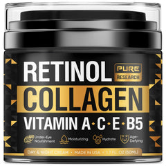 Pure Research Retinol Face Cream bottle offers nightly hydration and anti-aging support.