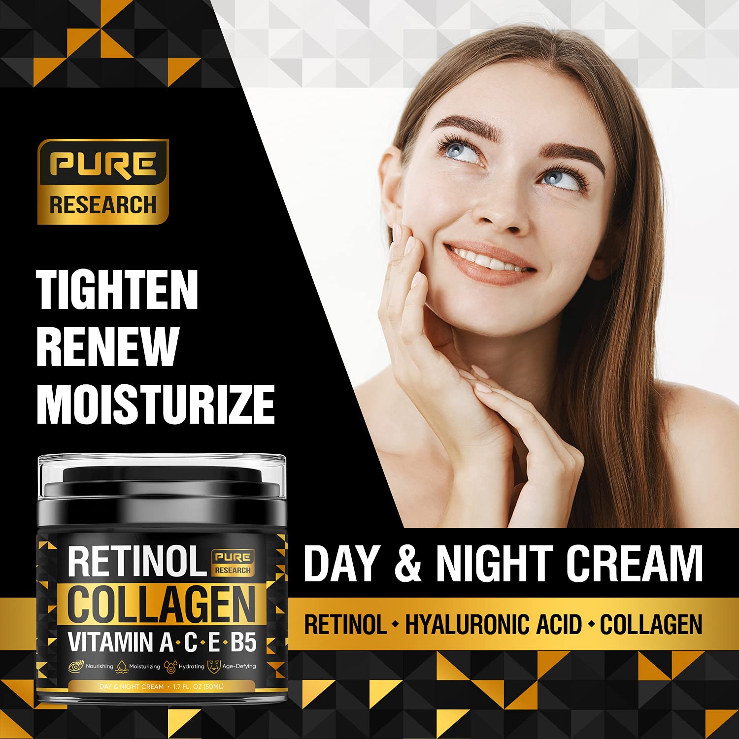 Pure Research Retinol Face Cream packaging highlights USA-made and paraben-free formula.