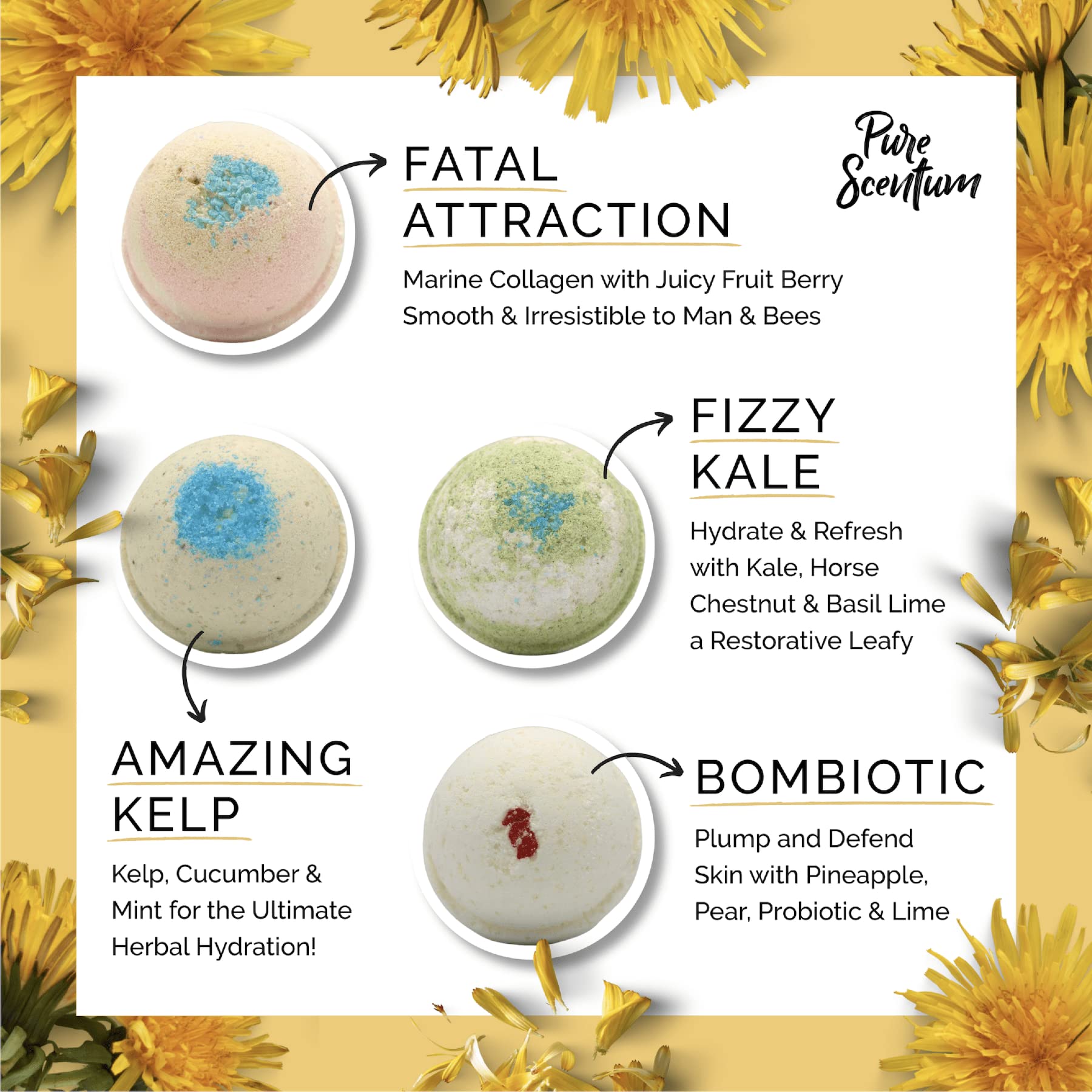 Pure Scentum Bombceutical seaweed bath bomb: oceanic minerals refresh skin during a relaxing bath