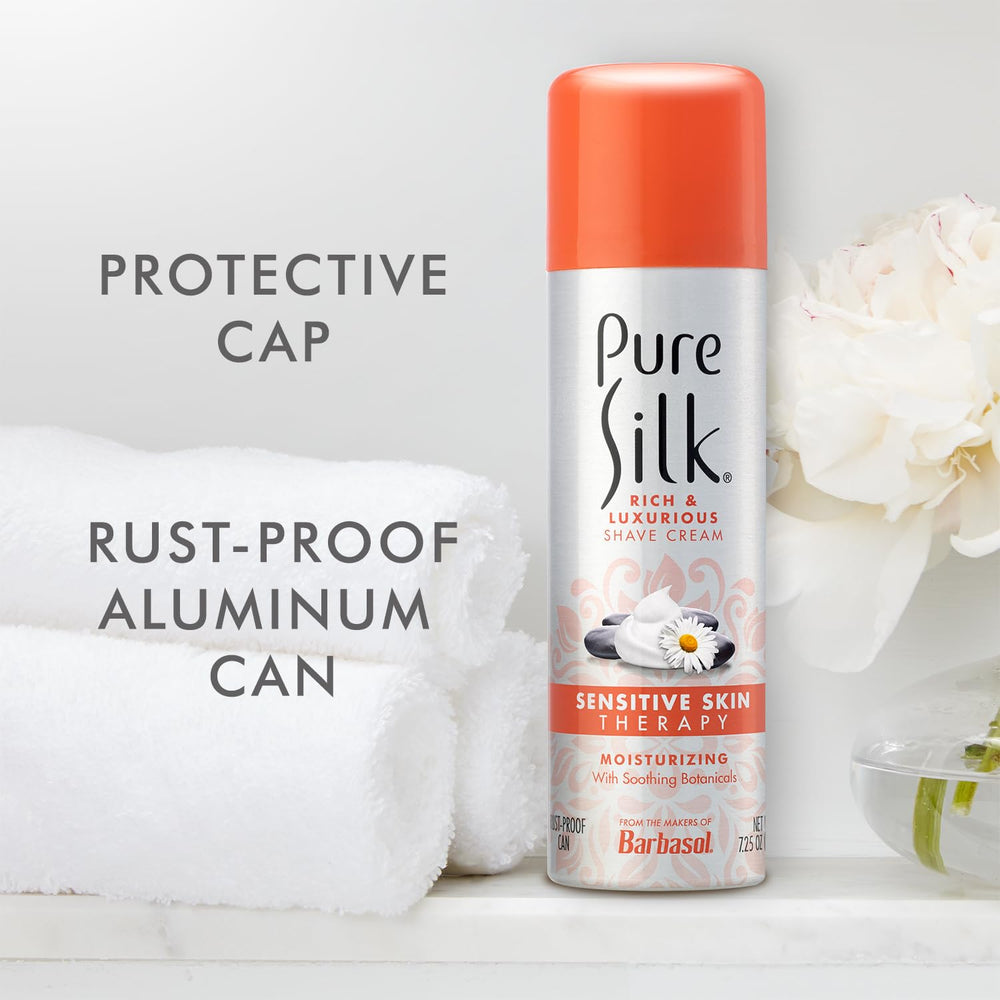 Pack of six Pure Silk shave cream bottles keeps sensitive skin care on hand