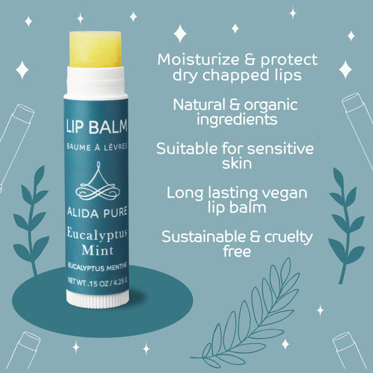 ALIDA PURE Eucalyptus Mint Lip Balm tube closeup shows creamy vegan formula.