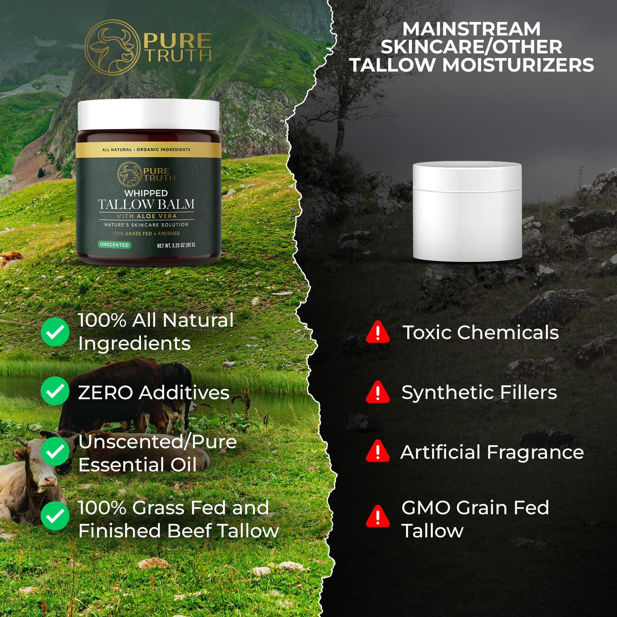 Pure Truth grass-fed beef tallow highlighting nutrient-rich ingredients