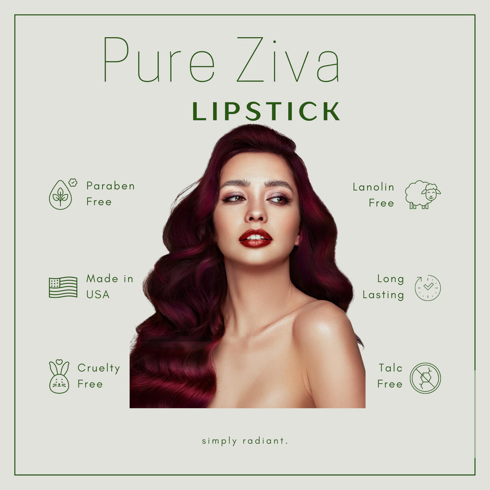 Packaging shot of Pure Ziva Cinnabar Deep Red lipstick with branding