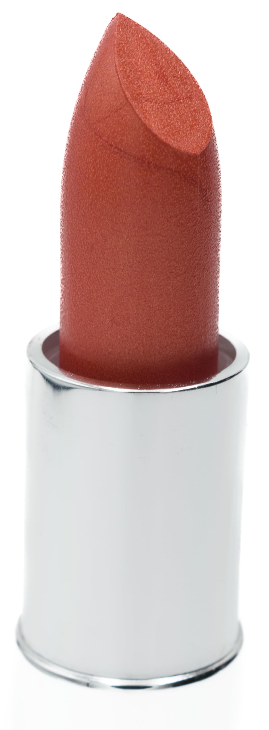 Swatch of Pure Ziva Orange Sunset lipstick showing metallic frosted red-orange tone.