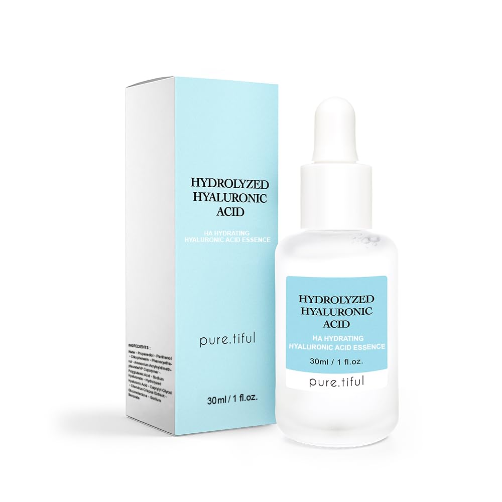 pure.tiful Hydrolyzed Hyaluronic Acid Serum bottle close-up showing a clear, hydrating formula