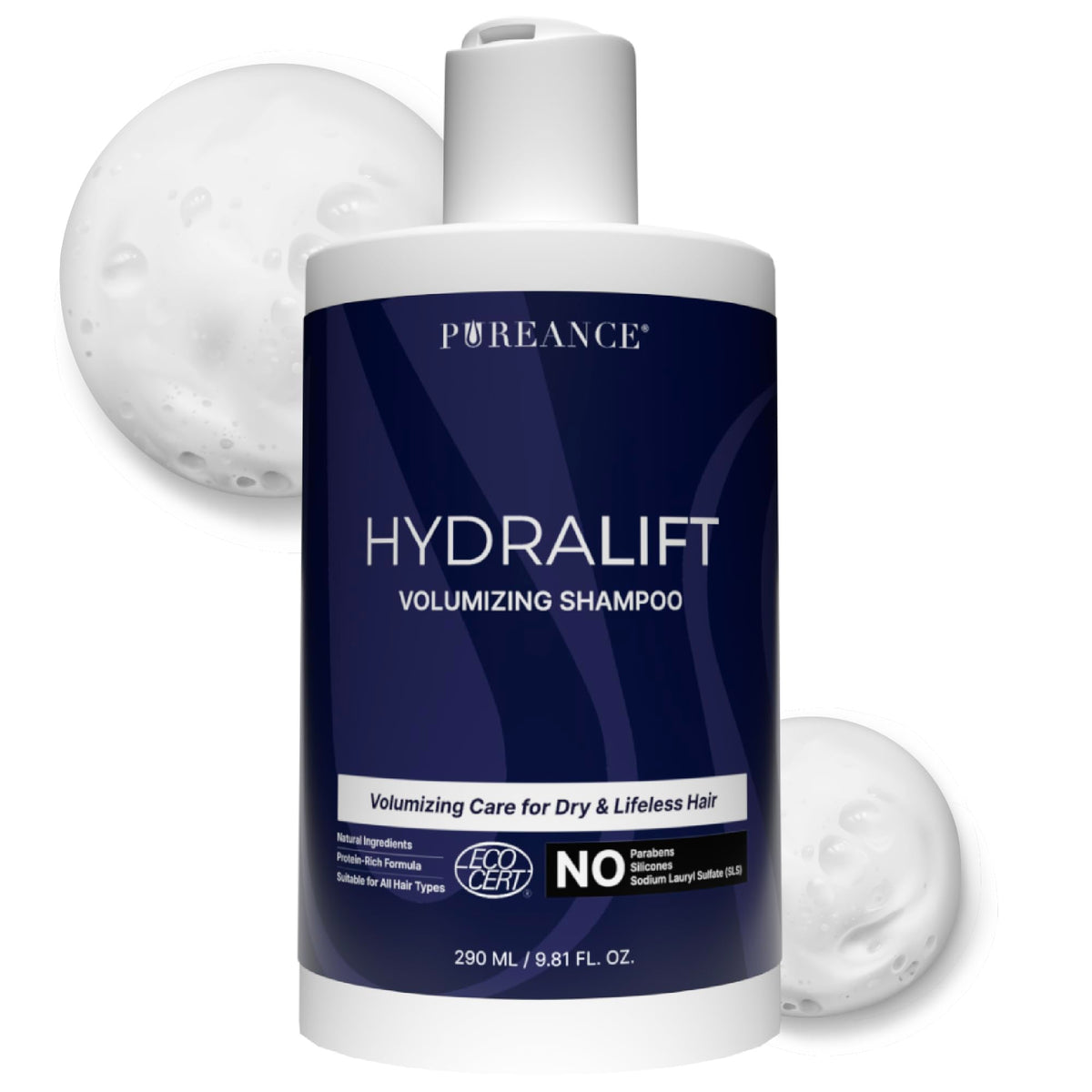 Pureance Hydralift bottle front showcasing volume-boosting shampoo for fuller hair.