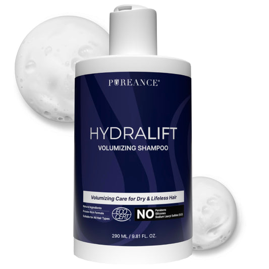 Pureance Hydralift bottle front showcasing volume-boosting shampoo for fuller hair.