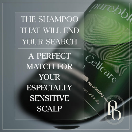 PUREBBLE bottle close-up showing pH balanced formula for scalp care