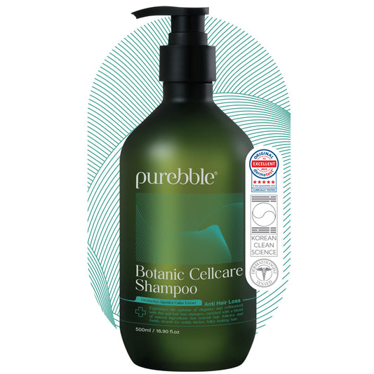 Purebble bottle pour showing scalp-friendly cleansing for refreshed hair.