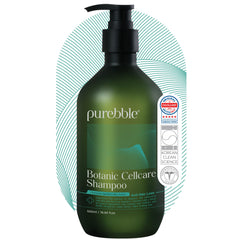 Purebble bottle pour showing scalp-friendly cleansing for refreshed hair.