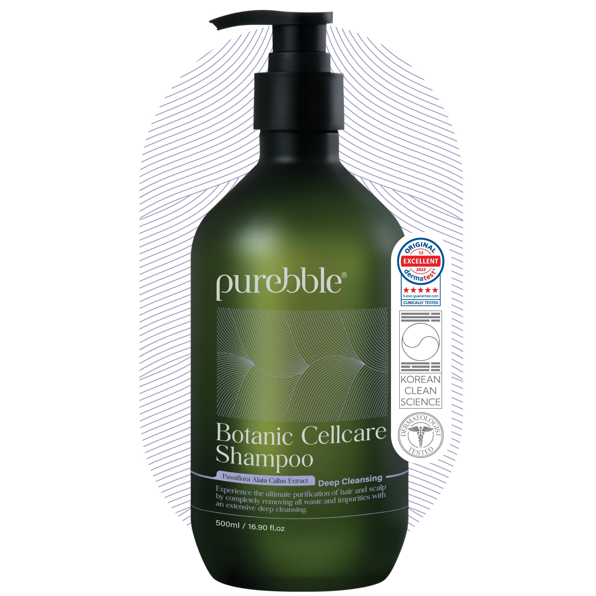 Purebble Deep Cleansing Botanic Cellcare Shampoo bottle showing clean scalp benefit